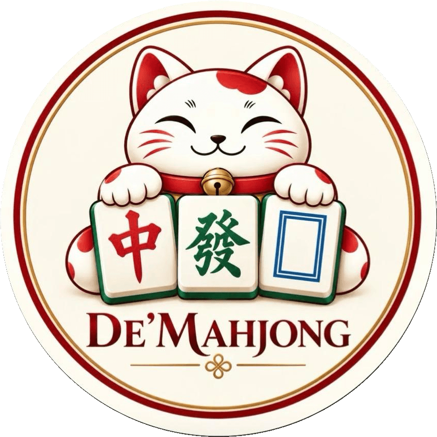 Logo resmi De’Mahjong dengan kucing Maneki-neko dan ubin Mahjong